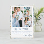 Romantisch Dusty Blue Floral Fotobruiloft Bedankkaart (Staand voorkant)