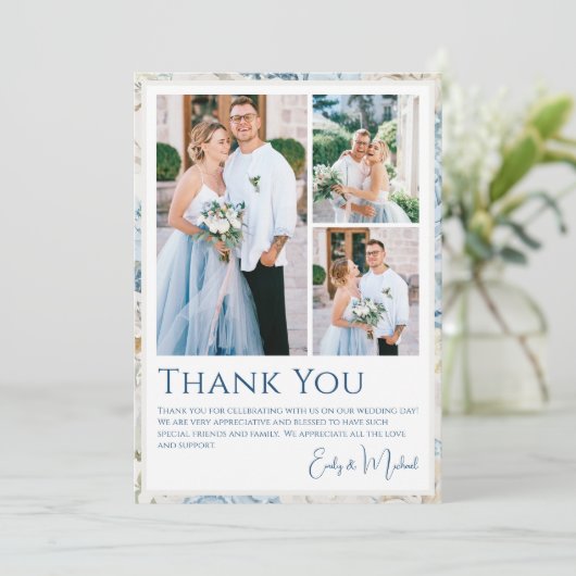 Romantisch Dusty Blue Floral Fotobruiloft Bedankkaart (Staand voorkant)