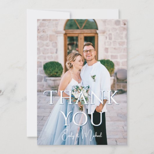 Romantisch Dusty Blue Floral Fotobruiloft Bedankkaart (Voorkant)