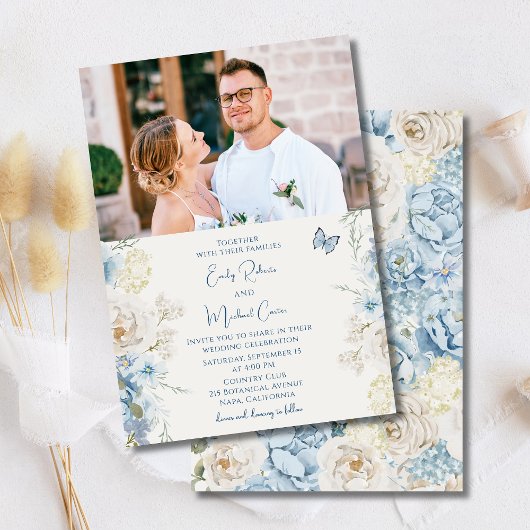 Romantisch Dusty Blue Floral Fotobruiloft Kaart