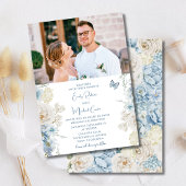 Romantisch Dusty Blue Floral Fotobruiloft Kaart