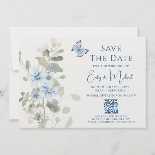 Romantisch Dusty Blue Floral QR Code Huwelijk Save The Date (Voorkant)