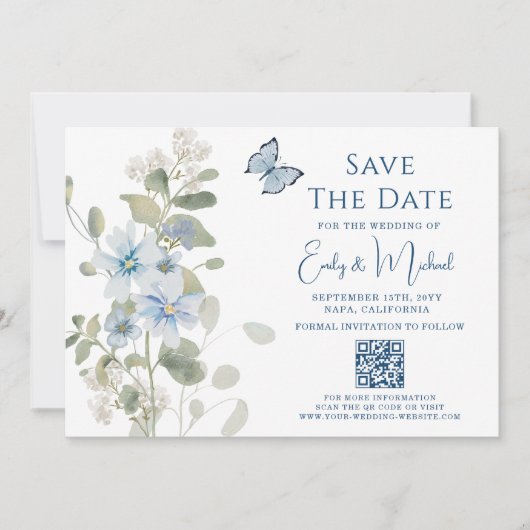 Romantisch Dusty Blue Floral QR Code Huwelijk Save The Date (Voorkant)