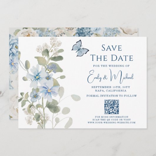 Romantisch Dusty Blue Floral QR Code Huwelijk Save The Date (Voorkant / Achterkant)