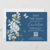 Romantisch Dusty Blue Floral QR Code Huwelijk Save The Date (Voorkant)