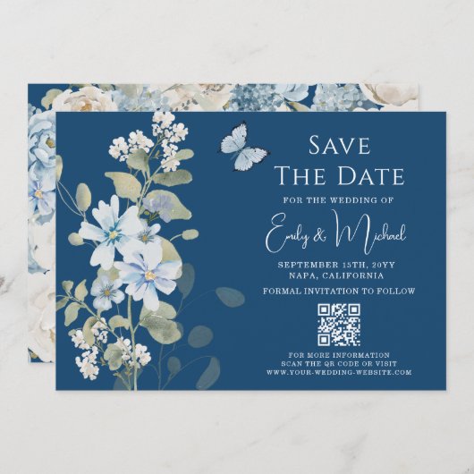 Romantisch Dusty Blue Floral QR Code Huwelijk Save The Date (Voorkant / Achterkant)