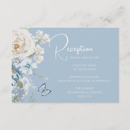 Romantisch Dusty Blue Floral Receptie Trouwen Informatiekaartje (Voorkant)