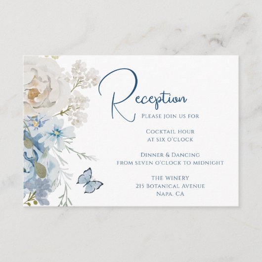 Romantisch Dusty Blue Floral Receptie Trouwen Informatiekaartje (Voorkant)