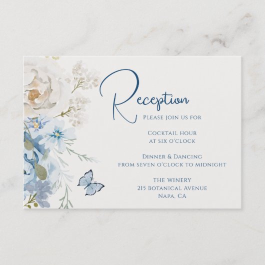 Romantisch Dusty Blue Floral Receptie Trouwen Informatiekaartje (Voorkant)