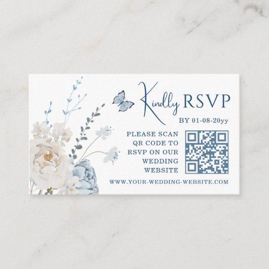 Romantisch Dusty Blue Floral Wedding RSVP QR Code Informatiekaartje (Voorkant)