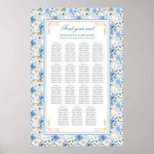 Romantisch Dusty Blue Gold Boho Zitplaatskaart Poster (Voorkant)