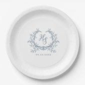 Romantisch Dusty Blue Monogram Crest Wedding Papieren Bordje (Voorkant)