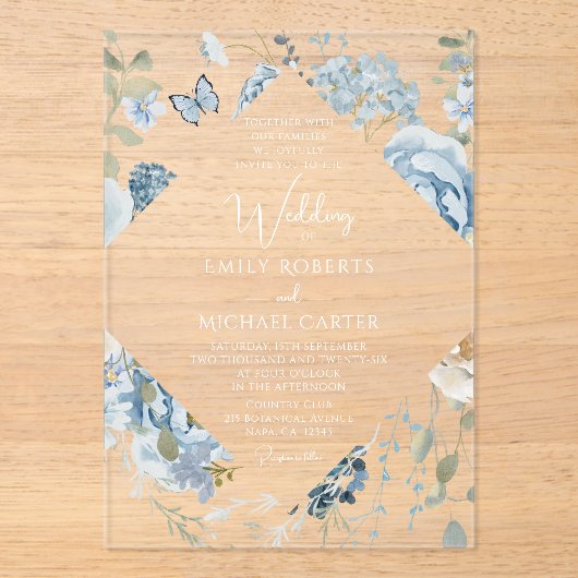 Romantisch Dusty Blue Waterverf Bloemen Huwelijk Acryl Uitnodigingen (Voorkant)