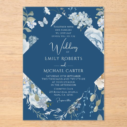 Romantisch Dusty Blue Waterverf Bloemen Huwelijk Acryl Uitnodigingen (Voorkant)