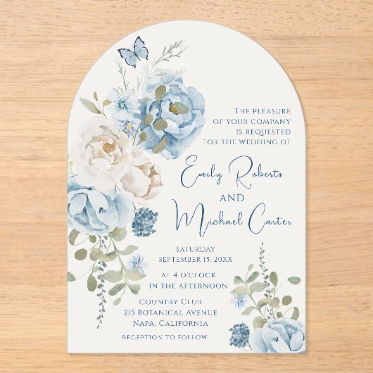 Romantisch Dusty Blue Waterverf Bloemen Huwelijk Acryl Uitnodigingen (Voorkant)