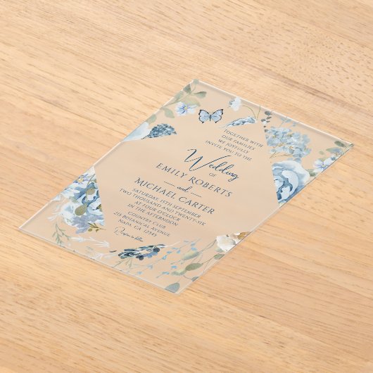 Romantisch Dusty Blue Waterverf Bloemen Huwelijk Acryl Uitnodigingen (Laagn)