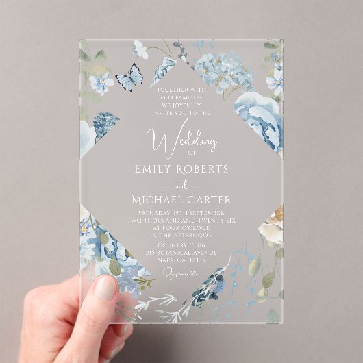 Romantisch Dusty Blue Waterverf Bloemen Huwelijk Acryl Uitnodigingen (Insitu (Draagbaar))