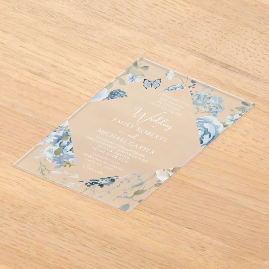 Romantisch Dusty Blue Waterverf Bloemen Huwelijk Acryl Uitnodigingen (Laagn)