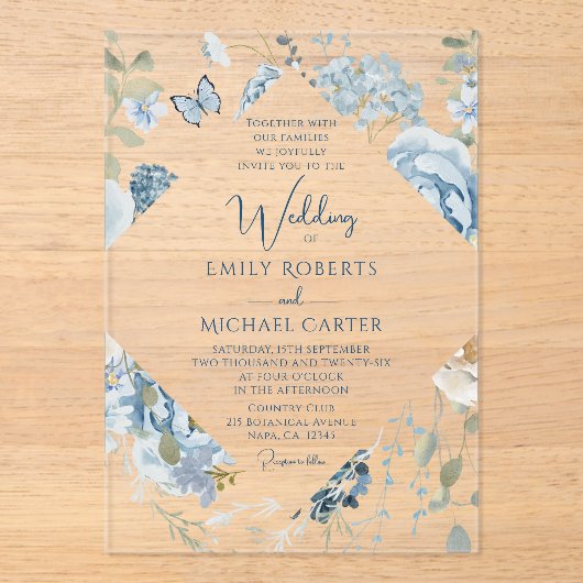 Romantisch Dusty Blue Waterverf Bloemen Huwelijk Acryl Uitnodigingen (Voorkant)