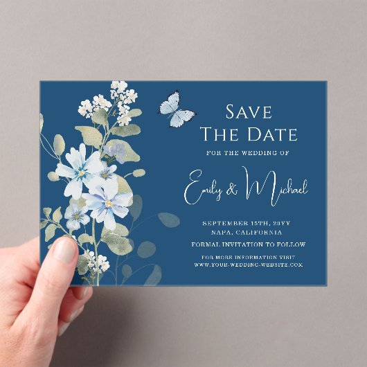 Romantisch Dusty Blue Waterverf Bloemen Huwelijk Acryl Uitnodigingen (Insitu (Draagbaar))