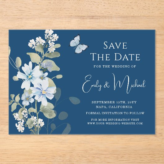 Romantisch Dusty Blue Waterverf Bloemen Huwelijk Acryl Uitnodigingen (Voorkant)
