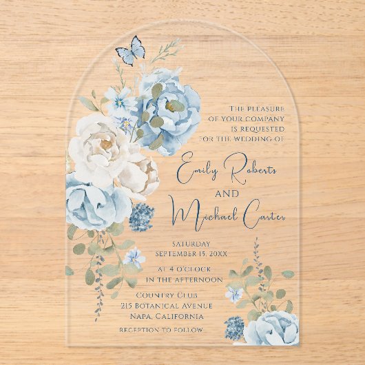 Romantisch Dusty Blue Waterverf Bloemen Huwelijk Acryl Uitnodigingen (Voorkant)