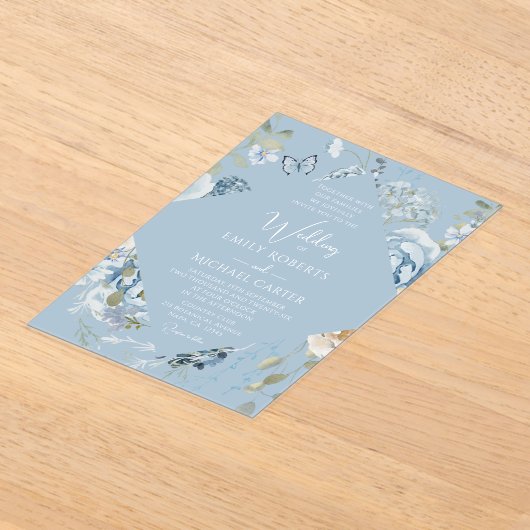 Romantisch Dusty Blue Waterverf Bloemen Huwelijk Acryl Uitnodigingen (Laagn)