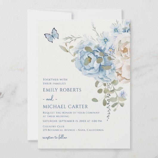 Romantisch Dusty Blue Waterverf Bloemen Huwelijk Kaart (Voorkant)