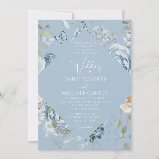 Romantisch Dusty Blue Waterverf Bloemen Huwelijk Kaart (Voorkant)
