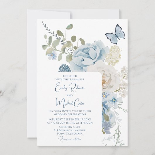 Romantisch Dusty Blue Waterverf Bloemen Huwelijk Kaart (Voorkant)