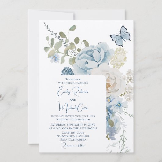 Romantisch Dusty Blue Waterverf Bloemen Huwelijk Kaart (Voorkant)