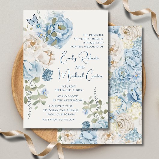 Romantisch Dusty Blue Waterverf Bloemen Huwelijk Kaart
