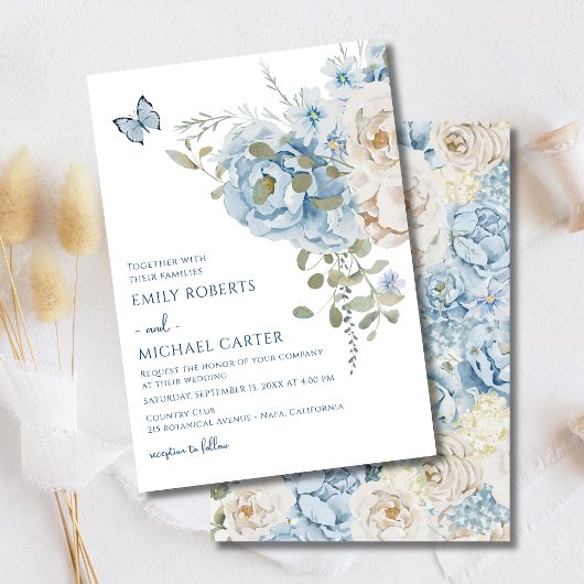 Romantisch Dusty Blue Waterverf Bloemen Huwelijk Kaart