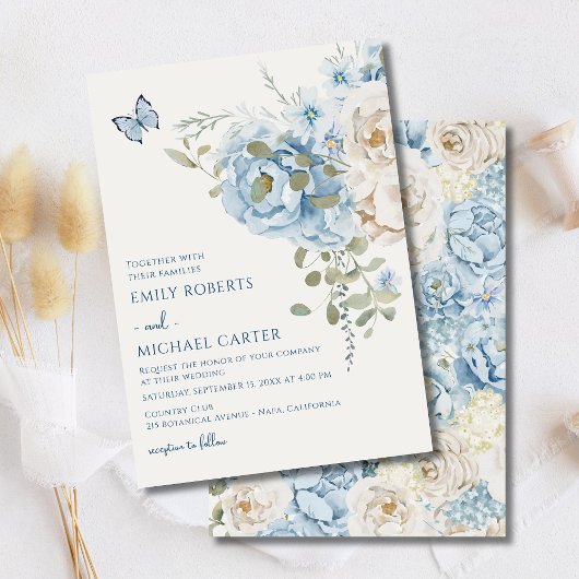 Romantisch Dusty Blue Waterverf Bloemen Huwelijk Kaart