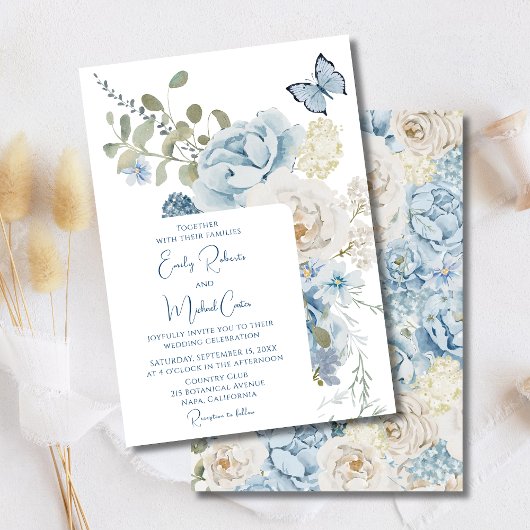 Romantisch Dusty Blue Waterverf Bloemen Huwelijk Kaart