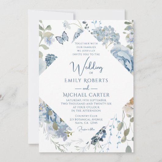 Romantisch Dusty Blue Waterverf Bloemen Huwelijk Kaart (Voorkant)