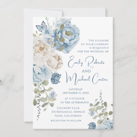 Romantisch Dusty Blue Waterverf Bloemen Huwelijk Kaart (Voorkant)