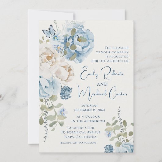 Romantisch Dusty Blue Waterverf Bloemen Huwelijk Kaart (Voorkant)