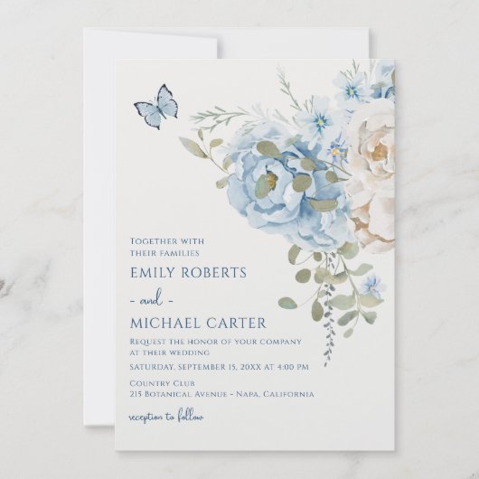 Romantisch Dusty Blue Waterverf Bloemen Huwelijk Kaart (Voorkant)