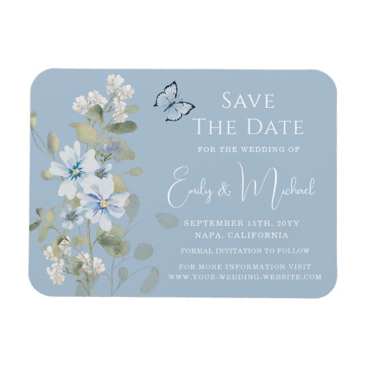 Romantisch Dusty Blue Waterverf Bloemen Huwelijk Magneet (Horizontaal)