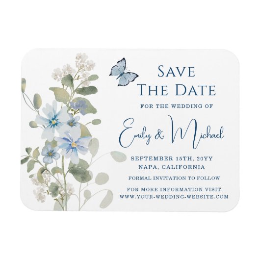 Romantisch Dusty Blue Waterverf Bloemen Huwelijk Magneet (Horizontaal)