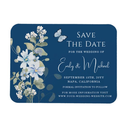 Romantisch Dusty Blue Waterverf Bloemen Huwelijk Magneet (Horizontaal)