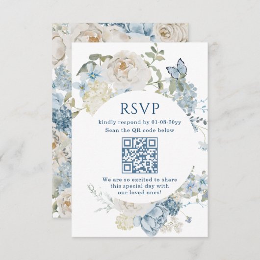 Romantisch Dusty Blue Waterverf Bloemen Huwelijk R RSVP Kaartje (Voorkant / Achterkant)