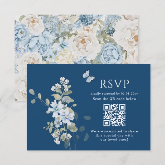 Romantisch Dusty Blue Waterverf Bloemen Huwelijk R RSVP Kaartje (Voorkant / Achterkant)