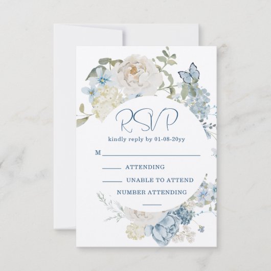 Romantisch Dusty Blue Waterverf Bloemen Huwelijk R RSVP Kaartje (Voorkant)