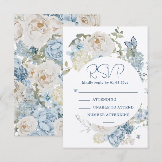 Romantisch Dusty Blue Waterverf Bloemen Huwelijk R RSVP Kaartje (Voorkant / Achterkant)