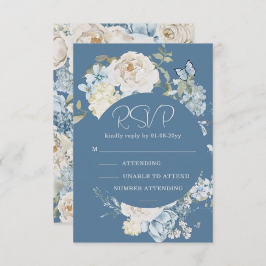 Romantisch Dusty Blue Waterverf Bloemen Huwelijk R RSVP Kaartje (Voorkant / Achterkant)