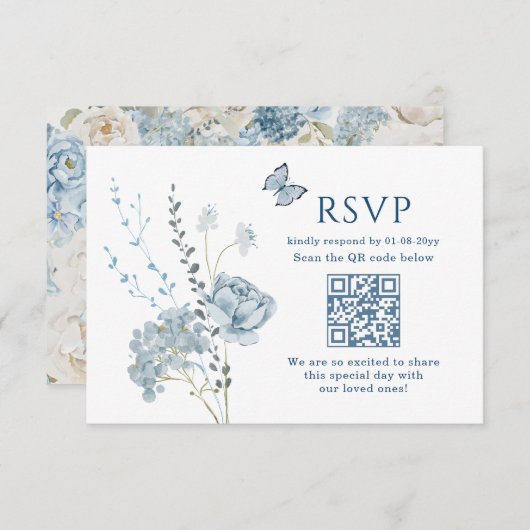 Romantisch Dusty Blue Waterverf Bloemen Huwelijk R RSVP Kaartje (Voorkant / Achterkant)
