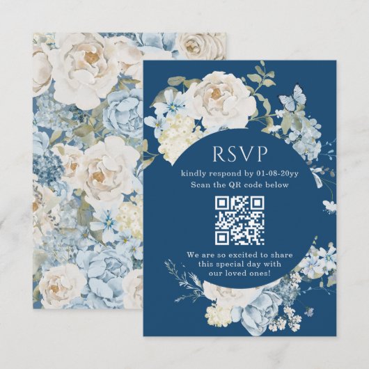 Romantisch Dusty Blue Waterverf Bloemen Huwelijk R RSVP Kaartje (Voorkant / Achterkant)