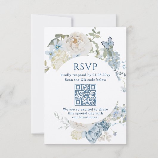Romantisch Dusty Blue Waterverf Bloemen Huwelijk R RSVP Kaartje (Voorkant)
